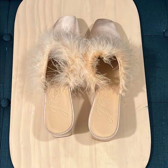 Elegant Pale Pink Feather-Trimmed J.Crew Collection Silk Satin Mules slides - Picture 2 of 5